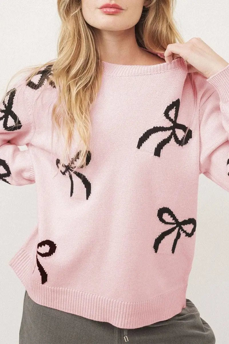 Light Pink Bow Print Cozy Knit Sweater - Love Salve 