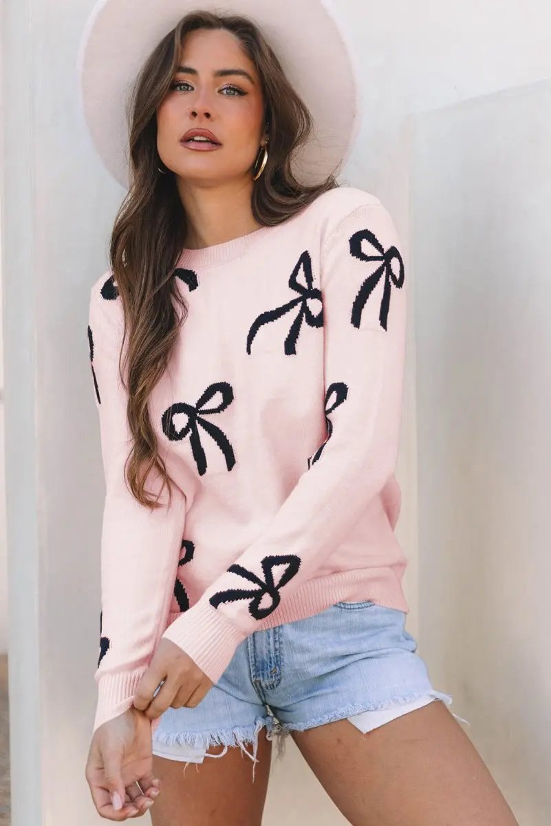 Light Pink Bow Print Cozy Knit Sweater - Love Salve 