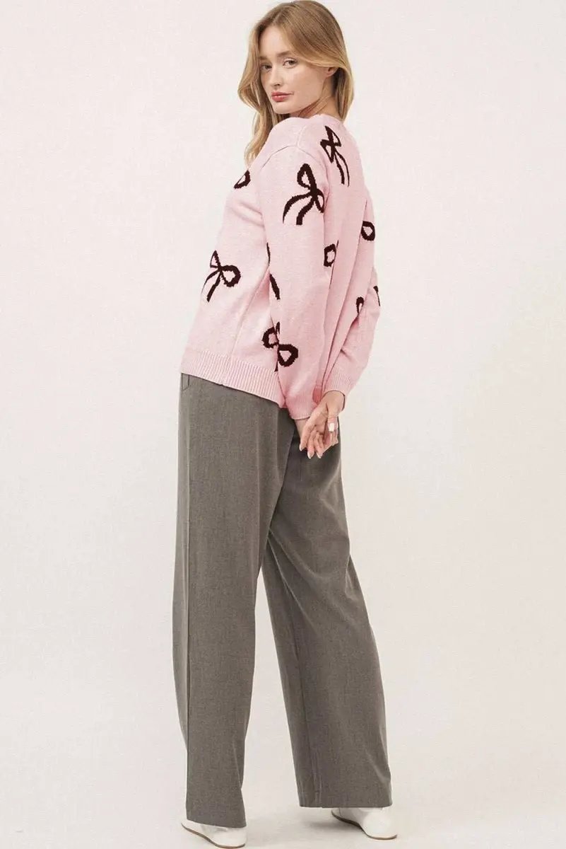 Light Pink Bow Print Cozy Knit Sweater - Love Salve 