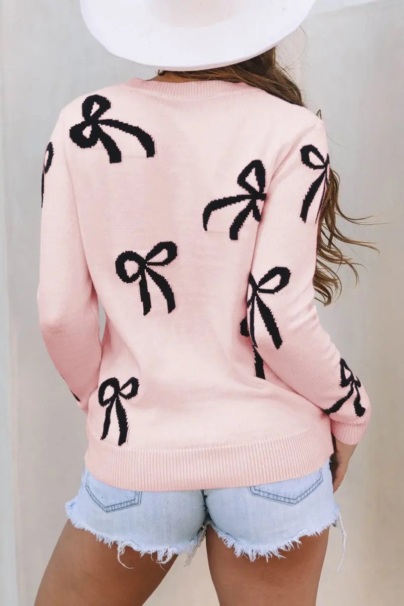 Light Pink Bow Print Cozy Knit Sweater - Love Salve 