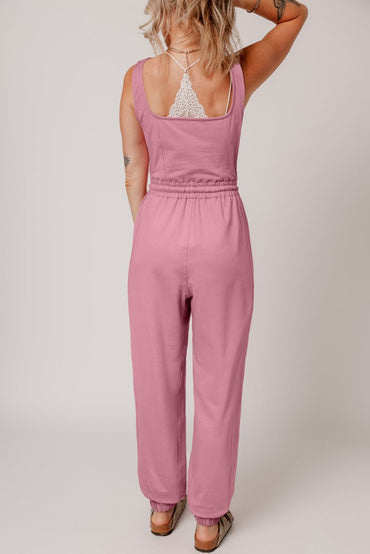 Light Pink Lace - up Elastic Waist Sleeveless Square Neck Jumpsuit - Love Salve