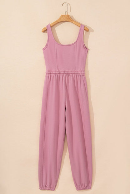 Light Pink Lace-up Elastic Waist Sleeveless Square Neck Jumpsuit - Love Salve 