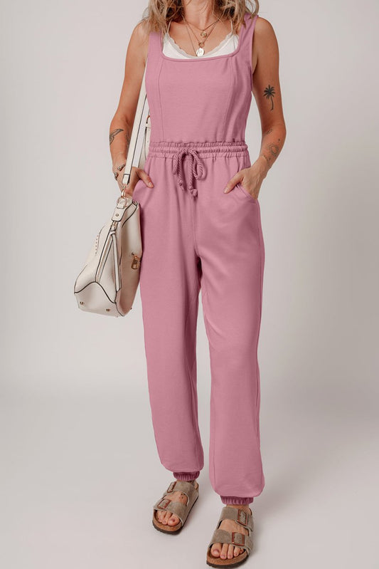 Light Pink Lace-up Elastic Waist Sleeveless Square Neck Jumpsuit - Love Salve 