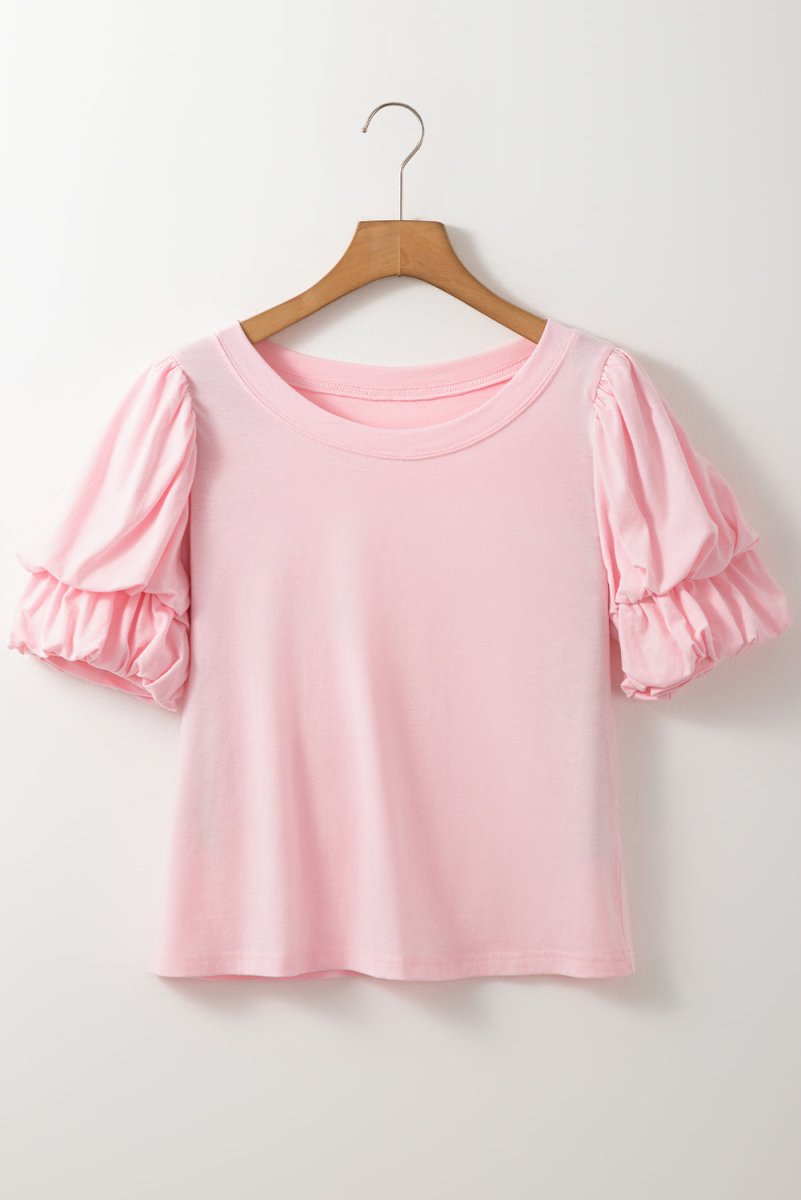 Light Pink Scoop Neck Bubble Sleeve Tee for Women - Love Salve 