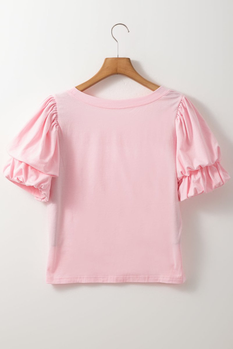 Light Pink Scoop Neck Bubble Sleeve Tee for Women - Love Salve 