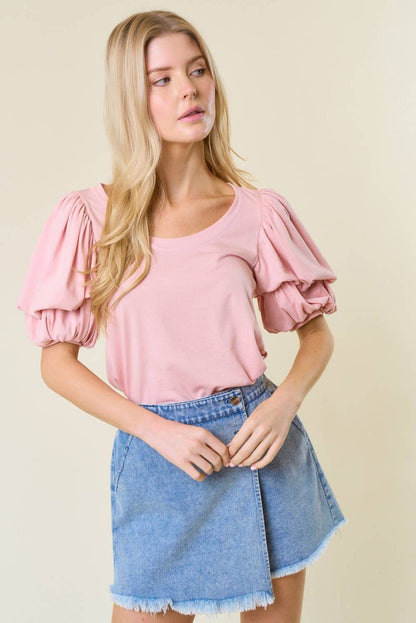 Light Pink Scoop Neck Bubble Sleeve Tee for Women - Love Salve 