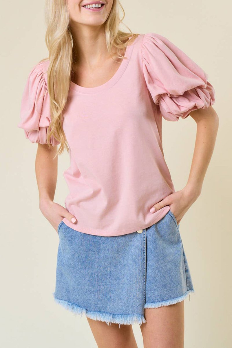 Light Pink Scoop Neck Bubble Sleeve Tee for Women - Love Salve 