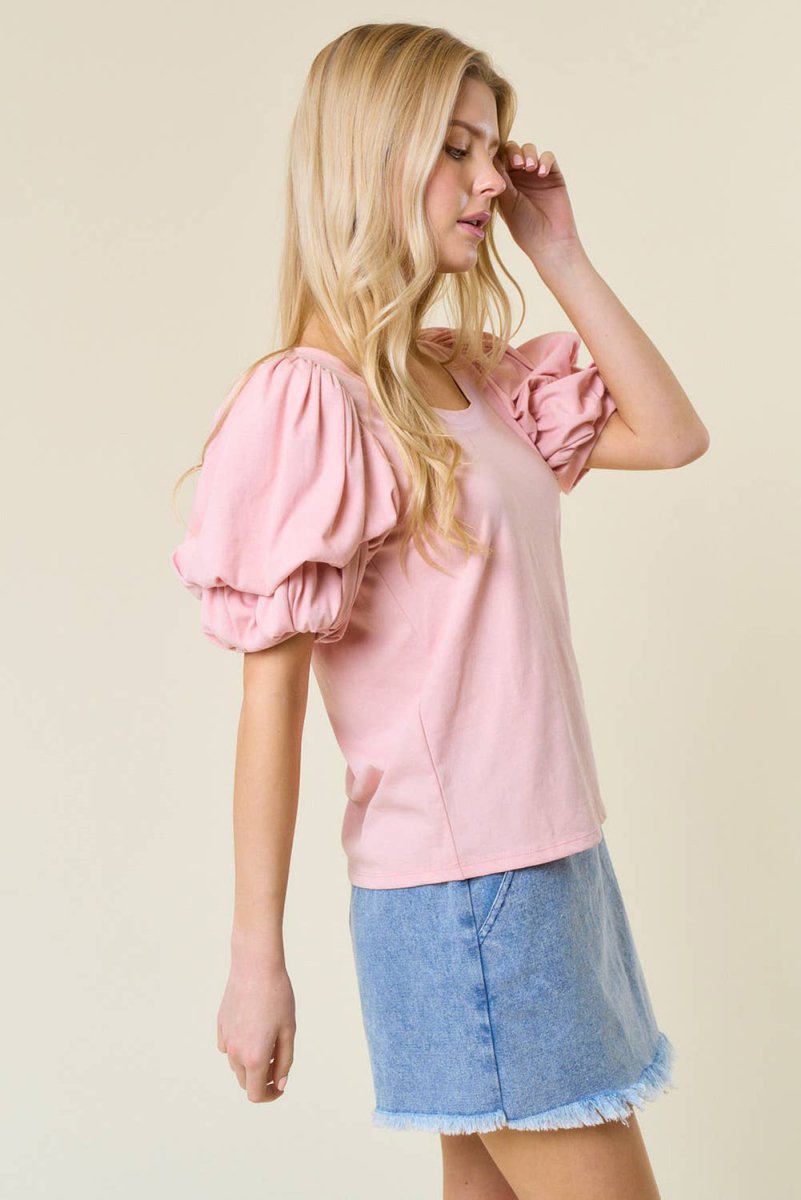 Light Pink Scoop Neck Bubble Sleeve Tee for Women - Love Salve 