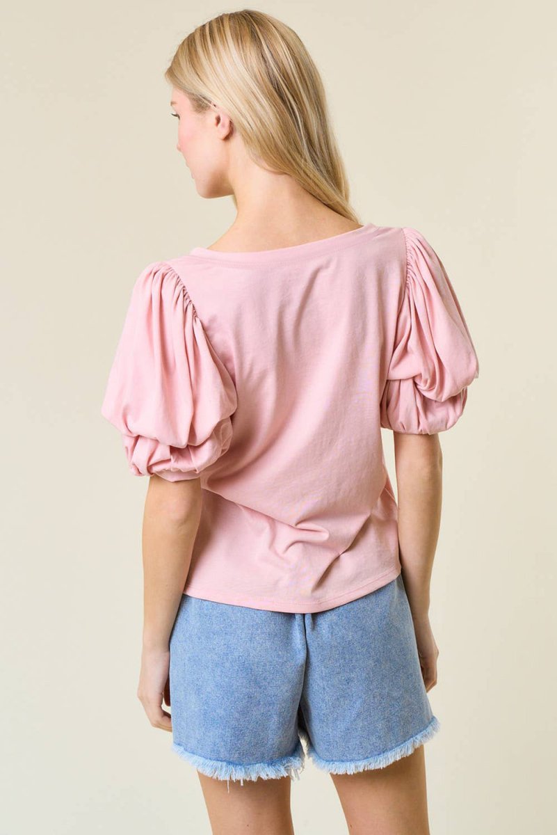 Light Pink Scoop Neck Bubble Sleeve Tee for Women - Love Salve 