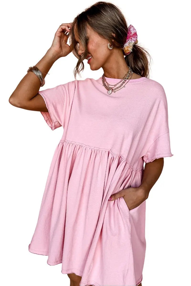 Light Pink Solid Color Pocketed Raw Edge Babydoll Dress - Love Salve 
