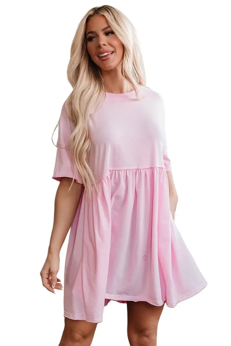 Light Pink Solid Color Pocketed Raw Edge Babydoll Dress - Love Salve 