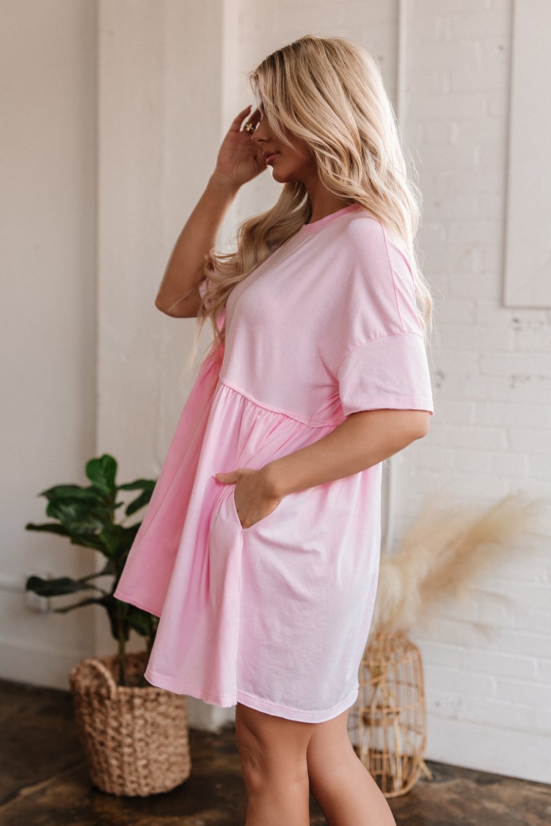 Light Pink Solid Color Pocketed Raw Edge Babydoll Dress - Love Salve 