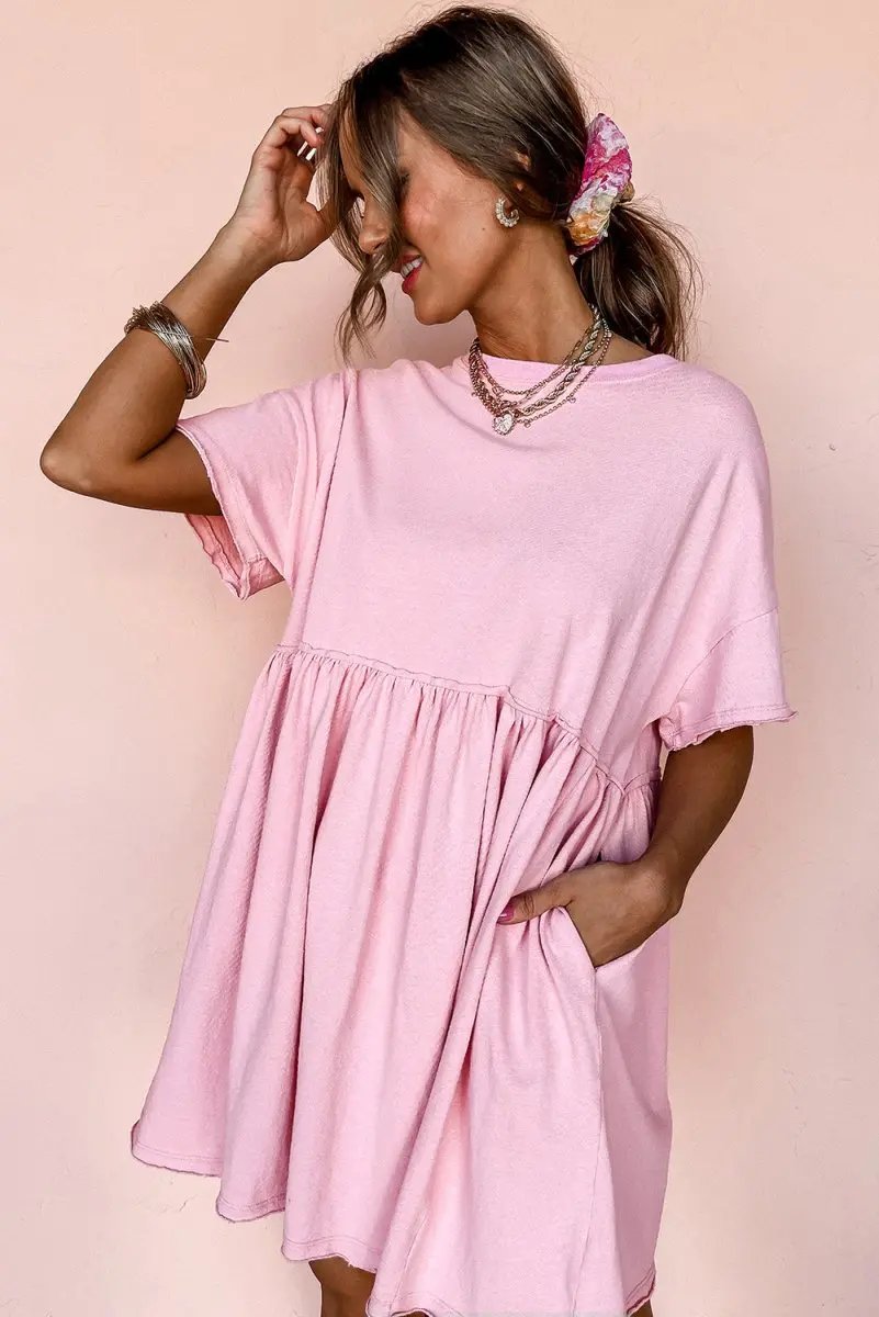 Light Pink Solid Color Pocketed Raw Edge Babydoll Dress - Love Salve 