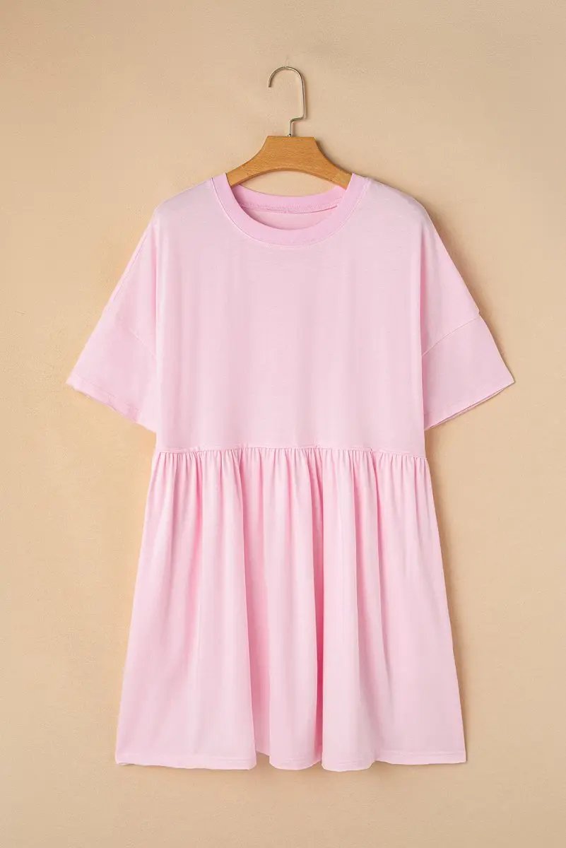 Light Pink Solid Color Pocketed Raw Edge Babydoll Dress - Love Salve 