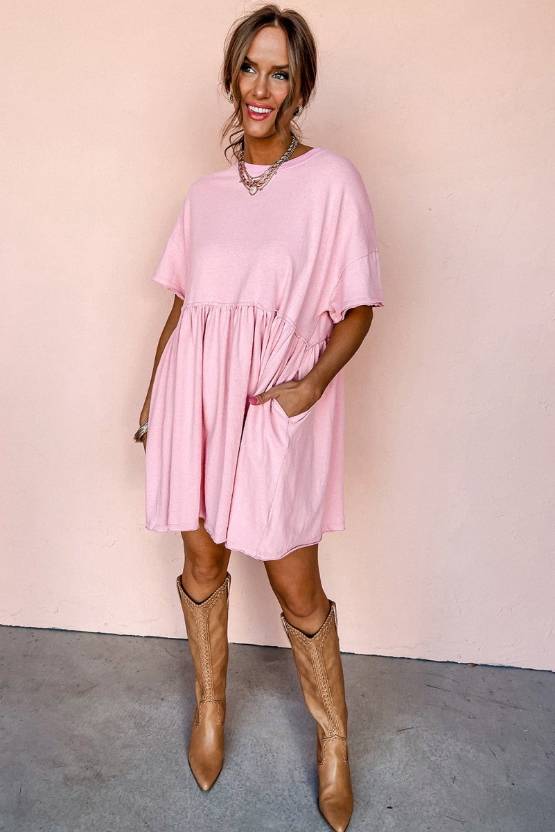 Light Pink Solid Color Pocketed Raw Edge Babydoll Dress - Love Salve 