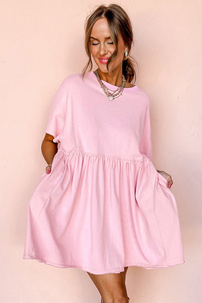 Light Pink Solid Color Pocketed Raw Edge Babydoll Dress - Love Salve 