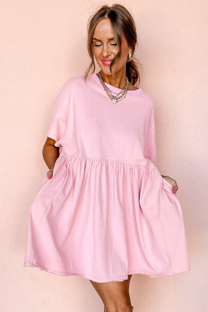 Light Pink Solid Color Pocketed Raw Edge Babydoll Dress - Love Salve 