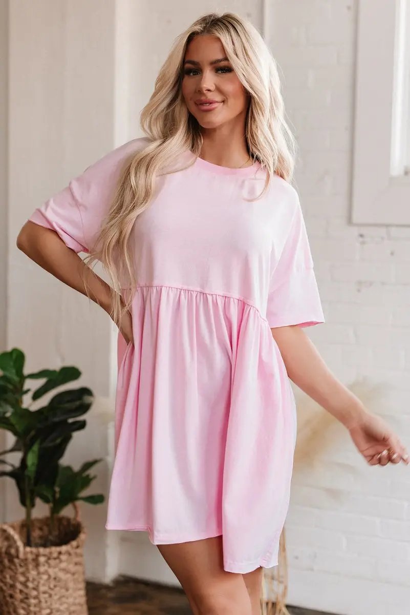 Light Pink Solid Color Pocketed Raw Edge Babydoll Dress - Love Salve 
