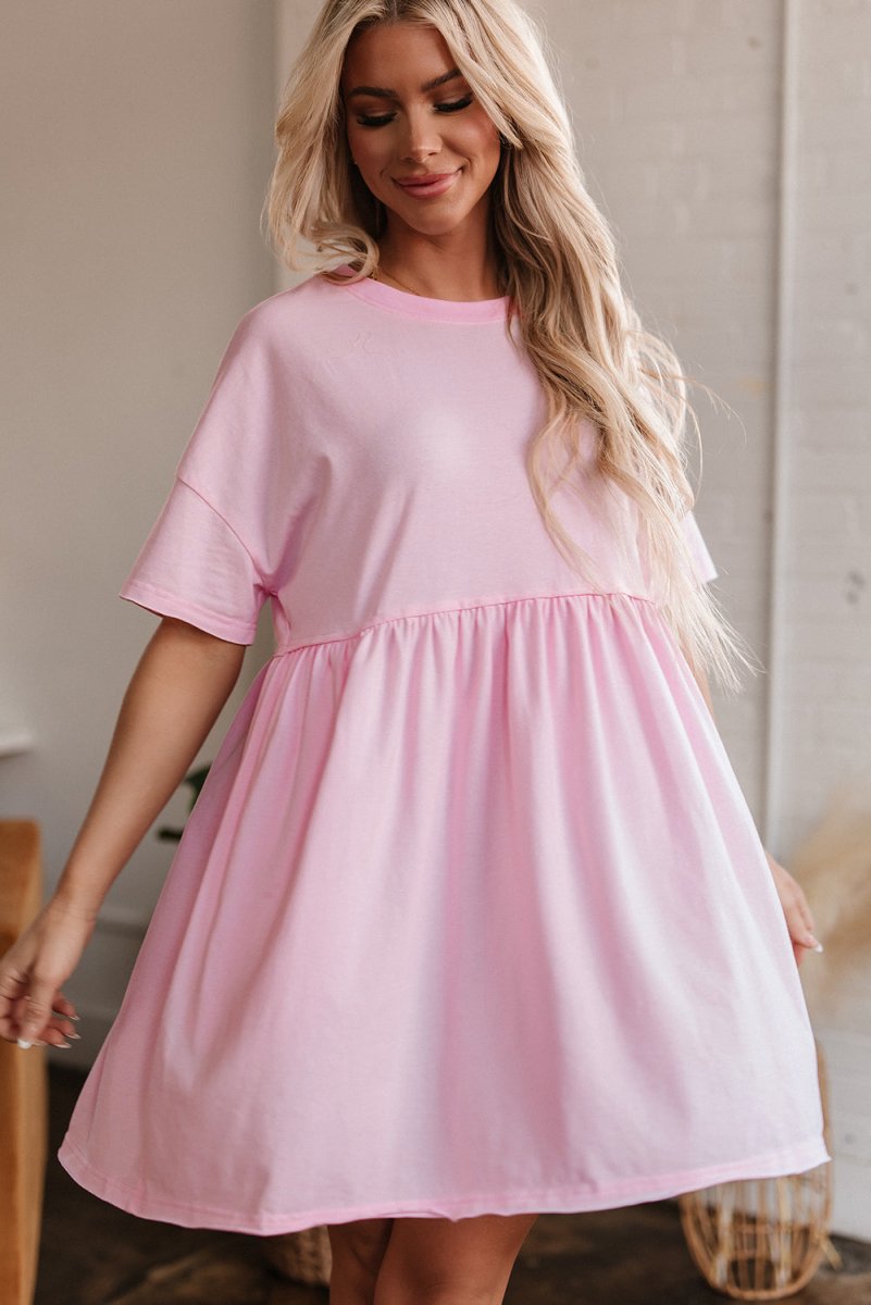 Light Pink Solid Color Pocketed Raw Edge Babydoll Dress - Love Salve 