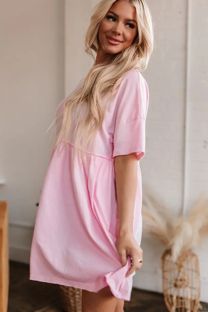 Light Pink Solid Color Pocketed Raw Edge Babydoll Dress - Love Salve 