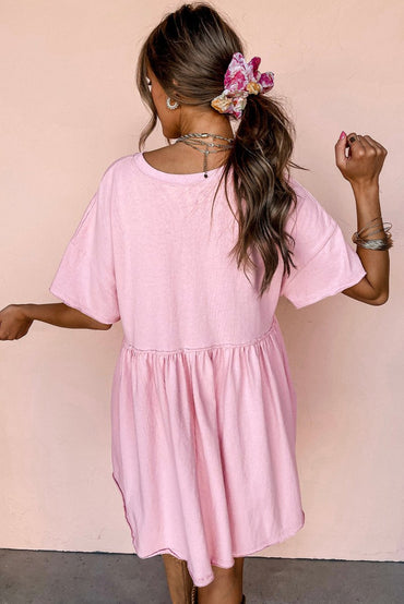 Light Pink Solid Color Pocketed Raw Edge Babydoll Dress - Love Salve 