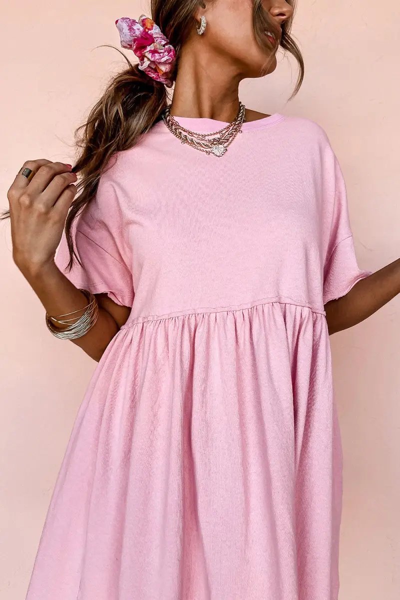 Light Pink Solid Color Pocketed Raw Edge Babydoll Dress - Love Salve 
