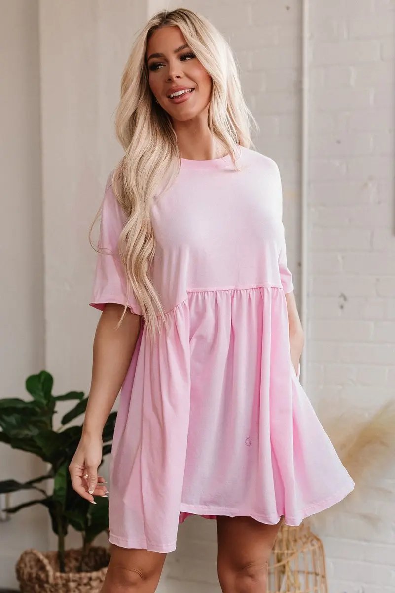 Light Pink Solid Color Pocketed Raw Edge Babydoll Dress - Love Salve 
