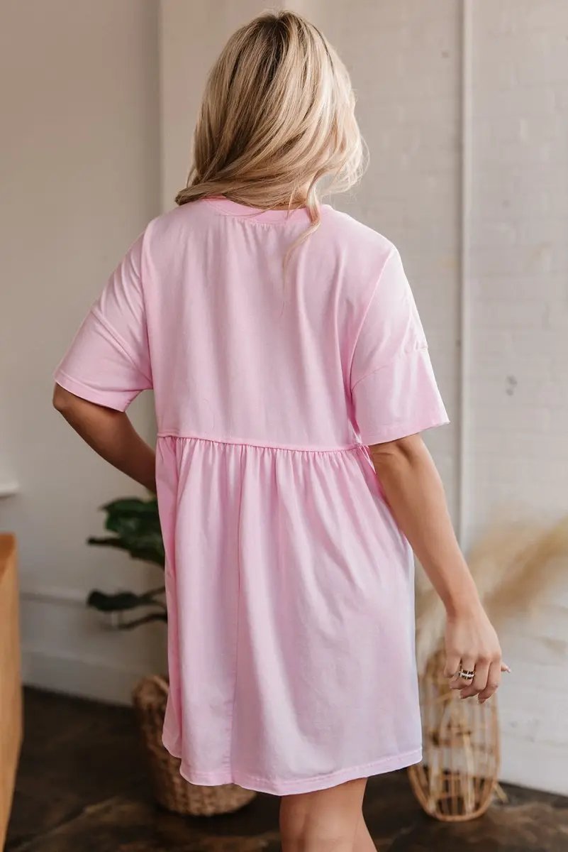 Light Pink Solid Color Pocketed Raw Edge Babydoll Dress - Love Salve 