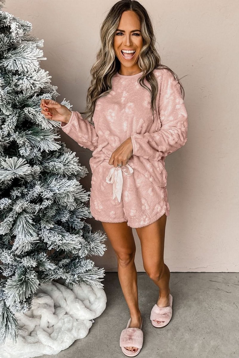 Light Pink Textured Leopard Fleece Loose Two Piece Lounge Set - Love Salve 