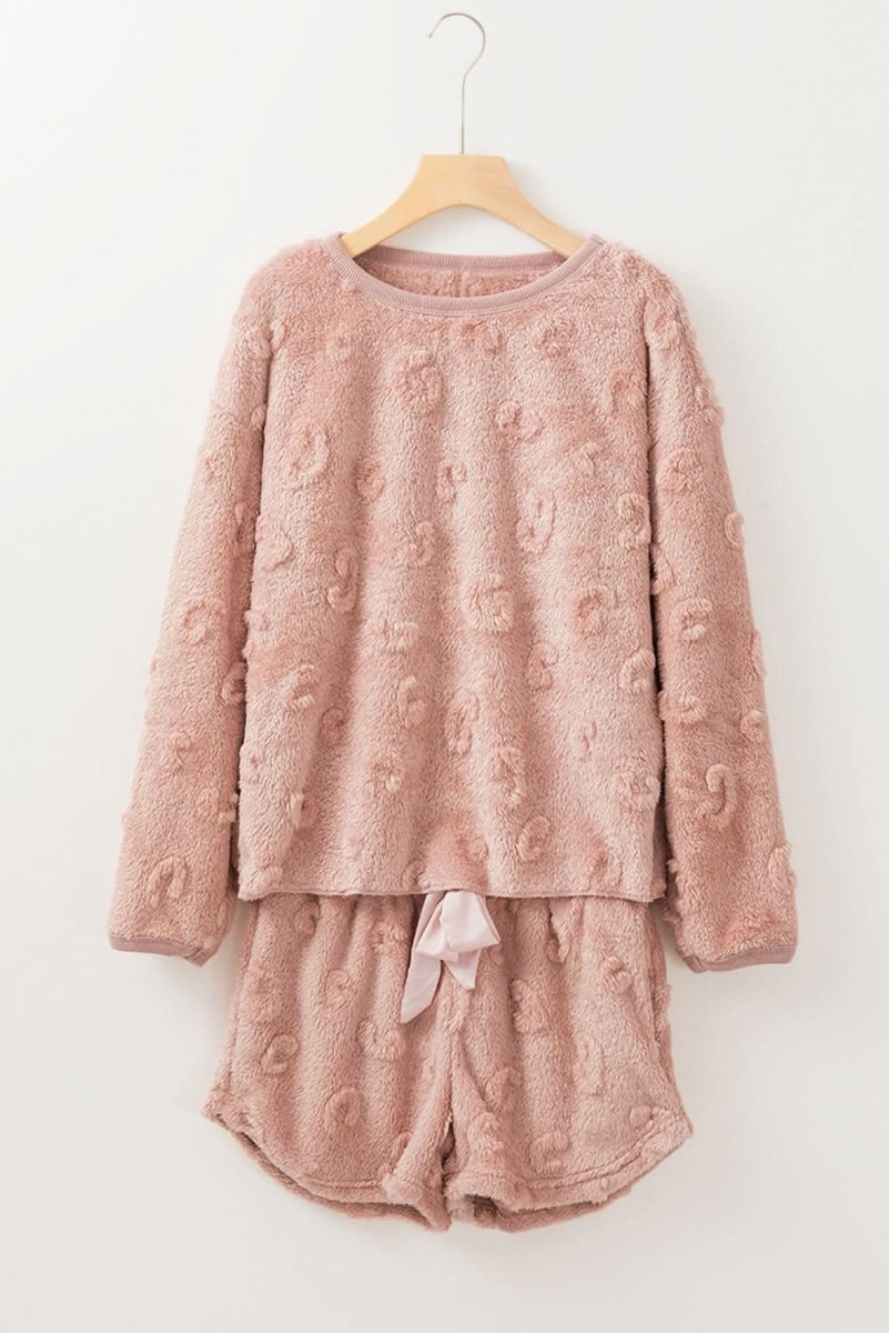 Light Pink Textured Leopard Fleece Loose Two Piece Lounge Set - Love Salve 