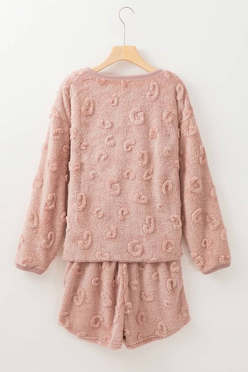 Light Pink Textured Leopard Fleece Loose Two Piece Lounge Set - Love Salve 