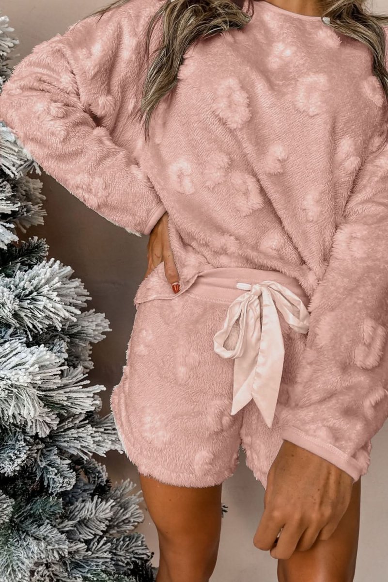 Light Pink Textured Leopard Fleece Loose Two Piece Lounge Set - Love Salve 