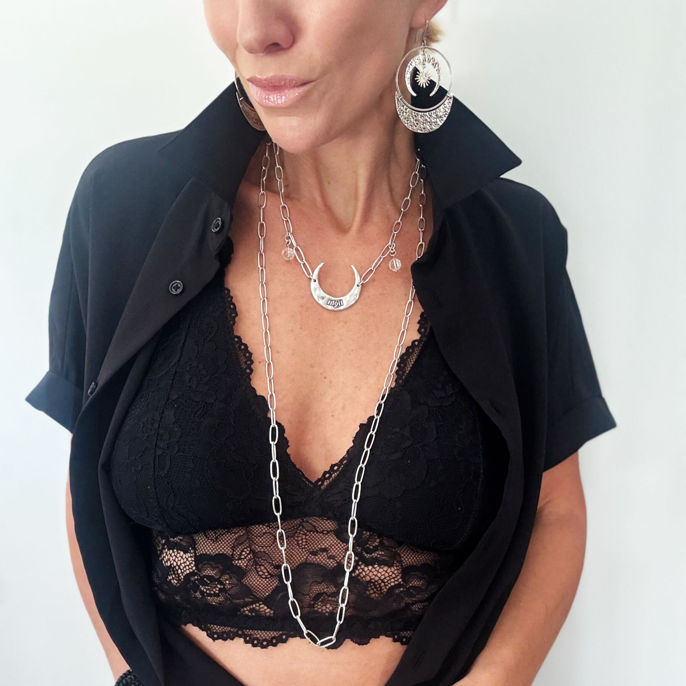 Light Crescent Moon Long Chain Necklace Katia Designs