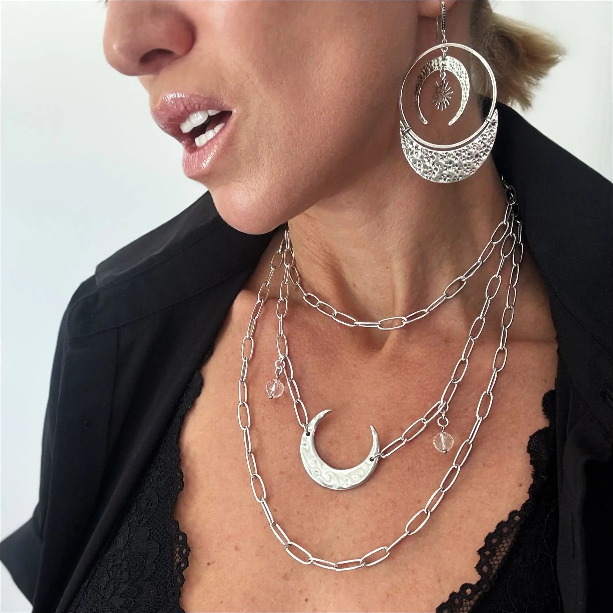 Light Crescent Moon Long Chain Necklace Katia Designs