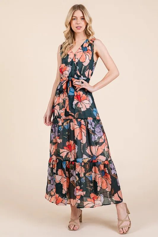 Lime 'N' Chili Floral Print Sleeveless Tie Waist Maxi Dress - Love Salve