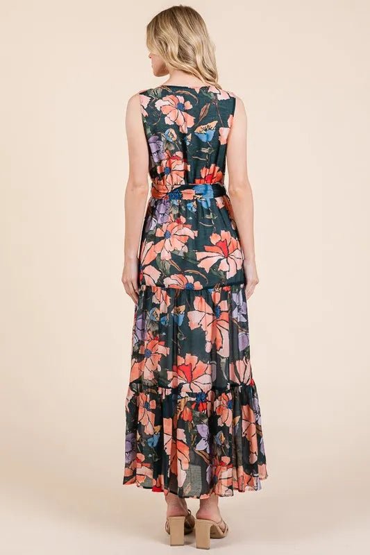 Lime 'N' Chili Floral Print Sleeveless Tie Waist Maxi Dress - Love Salve 