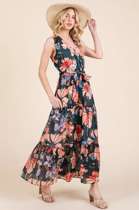 Lime 'N' Chili Floral Print Sleeveless Tie Waist Maxi Dress - Love Salve 