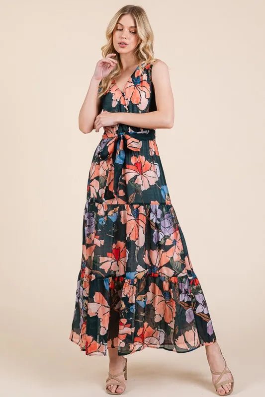Lime 'N' Chili Floral Print Sleeveless Tie Waist Maxi Dress - Love Salve 