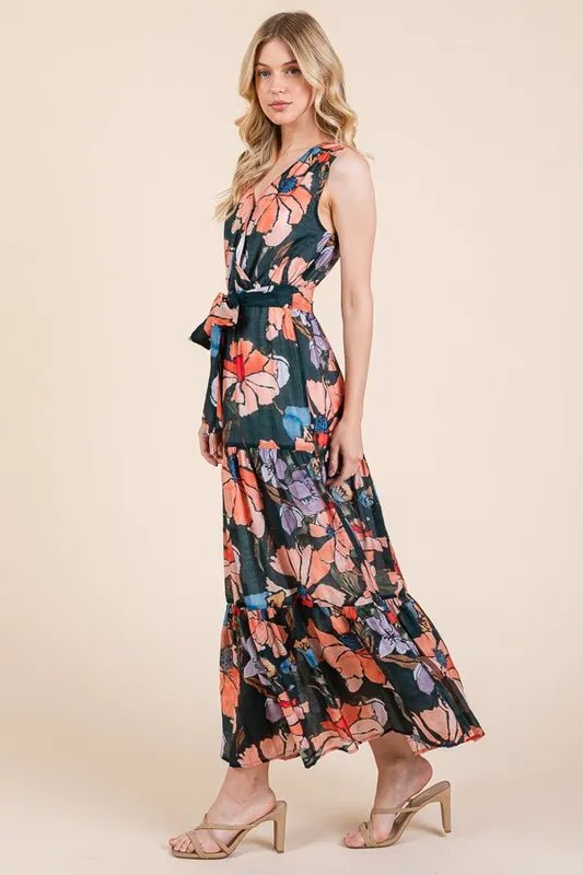 Lime 'N' Chili Floral Print Sleeveless Tie Waist Maxi Dress - Love Salve 