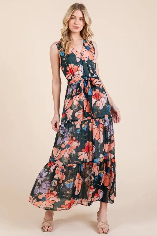 Lime 'N' Chili Floral Print Sleeveless Tie Waist Maxi Dress - Love Salve 