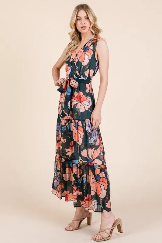 Lime 'N' Chili Floral Print Sleeveless Tie Waist Maxi Dress - Love Salve 