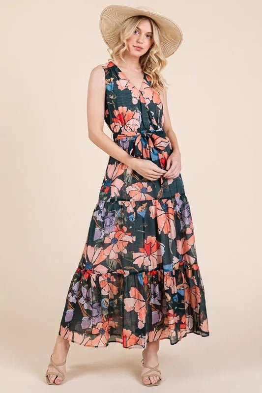 Lime 'N' Chili Floral Print Sleeveless Tie Waist Maxi Dress - Love Salve 