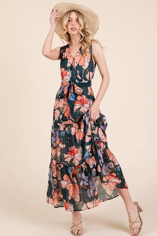 Lime 'N' Chili Floral Print Sleeveless Tie Waist Maxi Dress - Love Salve 