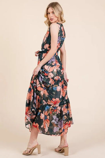 Lime 'N' Chili Floral Print Sleeveless Tie Waist Maxi Dress - Love Salve