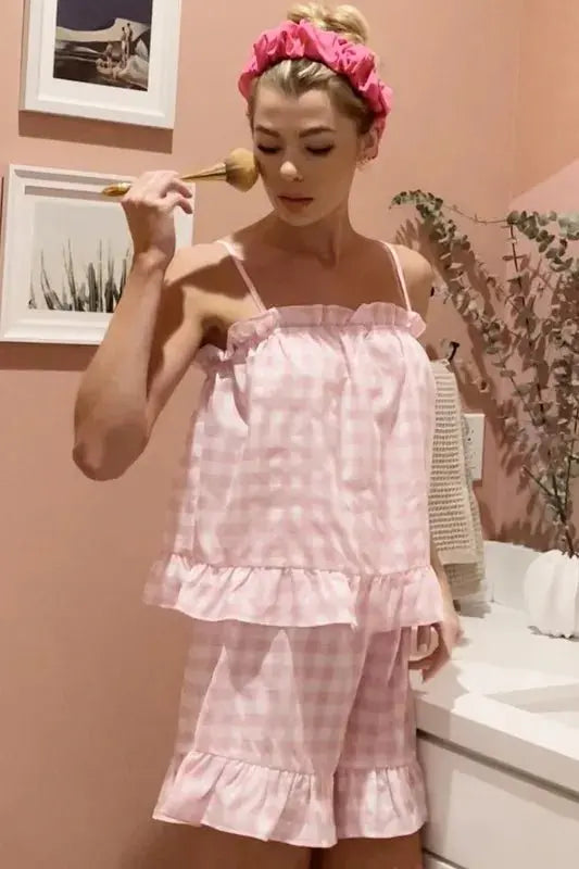Lime 'N' Chili Gingham Ruffle Trim Cami and Shorts Pajama Set - Love Salve