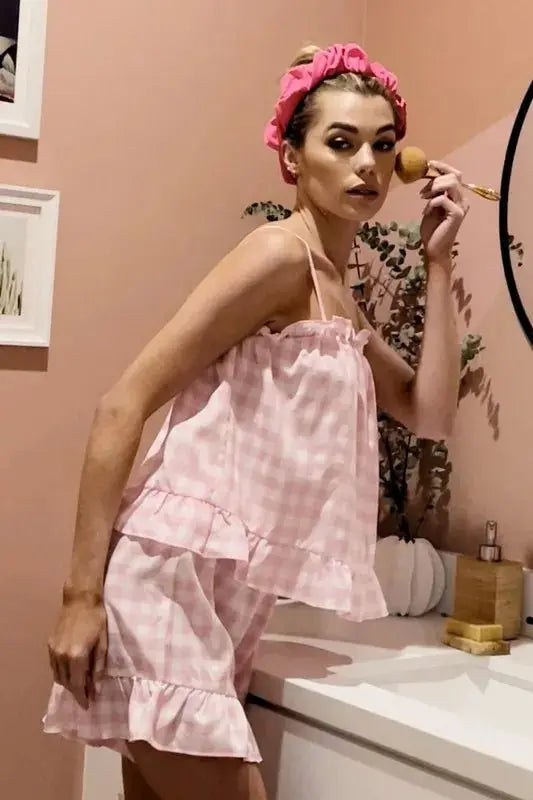 Lime 'N' Chili Gingham Ruffle Trim Cami and Shorts Pajama Set - Love Salve