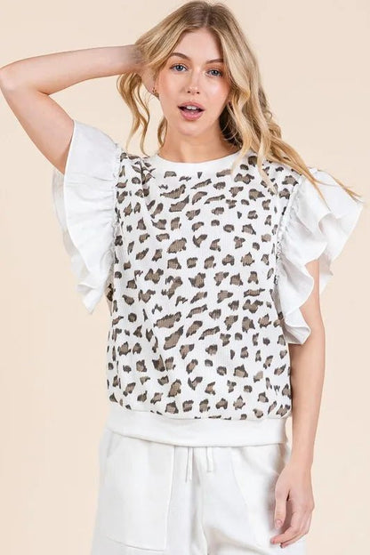 Lime 'N' Chili Ribbed Leopard Print Ruffle Detail Sleeveless Top - Love Salve