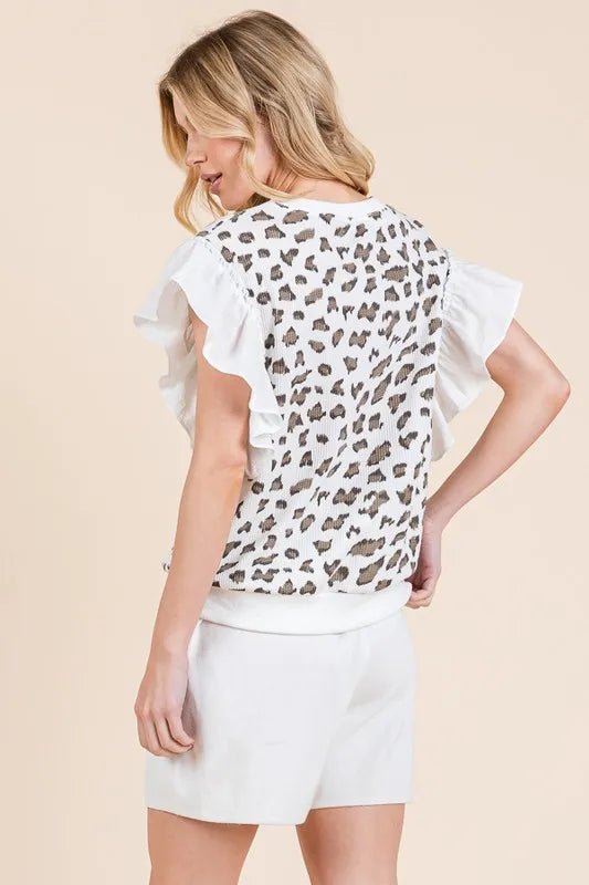 Lime 'N' Chili Ribbed Leopard Print Ruffle Detail Sleeveless Top - Love Salve