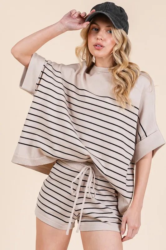 Lime 'N' Chili Striped Folded Half Sleeve Top and Shorts Set - Love Salve