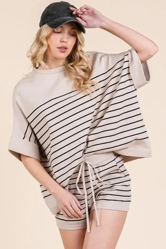 Lime 'N' Chili Striped Folded Half Sleeve Top and Shorts Set - Love Salve